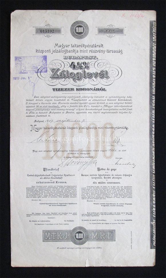 Magyar Takarékpénztárak Jelzálogbankja záloglevél 10000k 1917